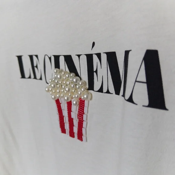 🪇2for$15 Ptp17" Zara Cotton White long sleeve 'Le Cinéma' Graphic Tee Xs - Picture 9 of 11